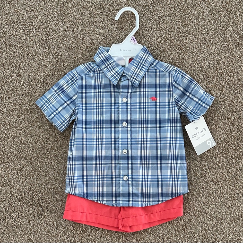 NEW w/Tags Carter’s 9mo Set - Plaid Short Sleeve & Bright Shorts - playwear